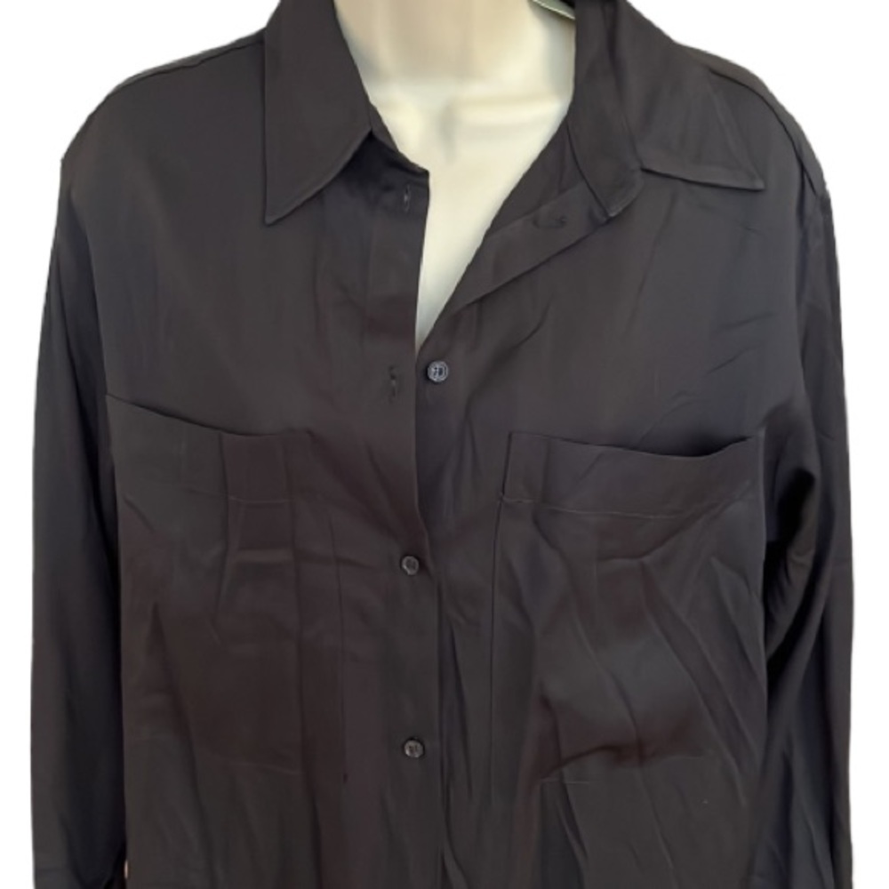 H & M small black oversized button down shirt dress with pockets NWT